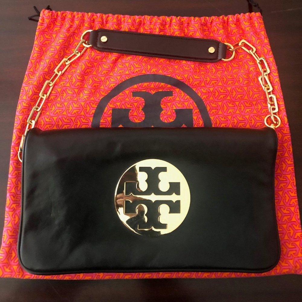 Tory Burch Reva Glazed Leather Clutch Bag, Black